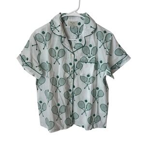 Crafted by Mahogany Womens Tennis Racket Print Pajama Top White Green Small